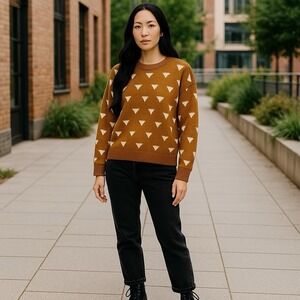 Rylee + Cru Women's Sweater Medium Brown White Triangle Knit Pullover